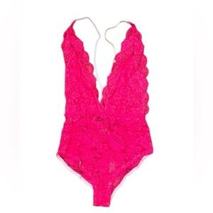 HAH Hot as Hell Hot Pink Lace Plunge Teddy Bodysuit Intimate Wear Small NWT